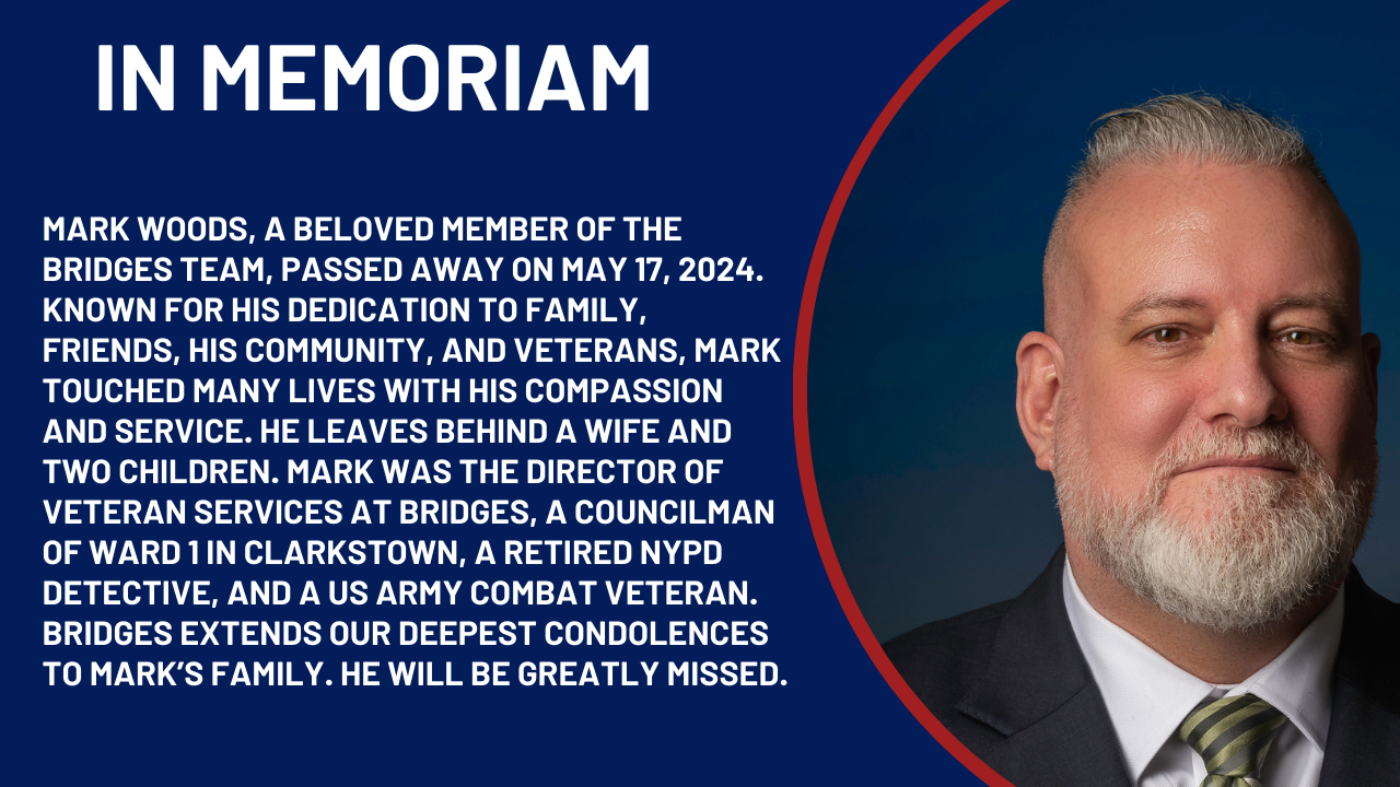 A graphic with text and a white middle aged man on the right. An in memoriam for our friend and leader of veterans services Mark Woods.